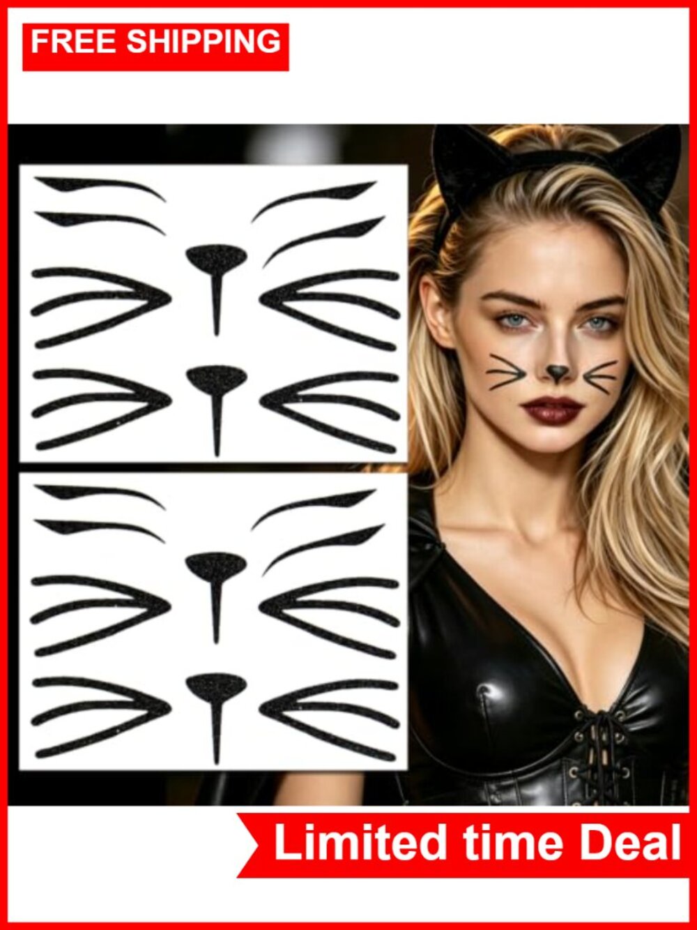 Glitter Cat Face Temporary Tattoos Whiskers Halloween Costume Accessories 2 Pack